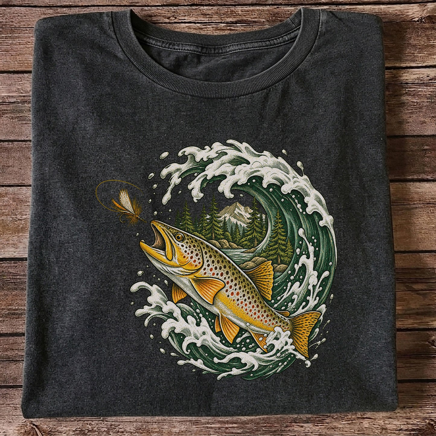 Brown Trout Chasing a Fly Through a Mountain Wave Graphic T-Shirt