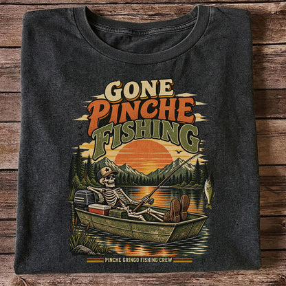 Gone Pinche Fishing Skeleton in a Boat Retro Graphic T-Shirt