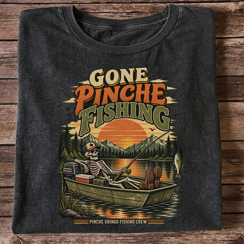Gone Pinche Fishing Skeleton in a Boat Retro Graphic T-Shirt