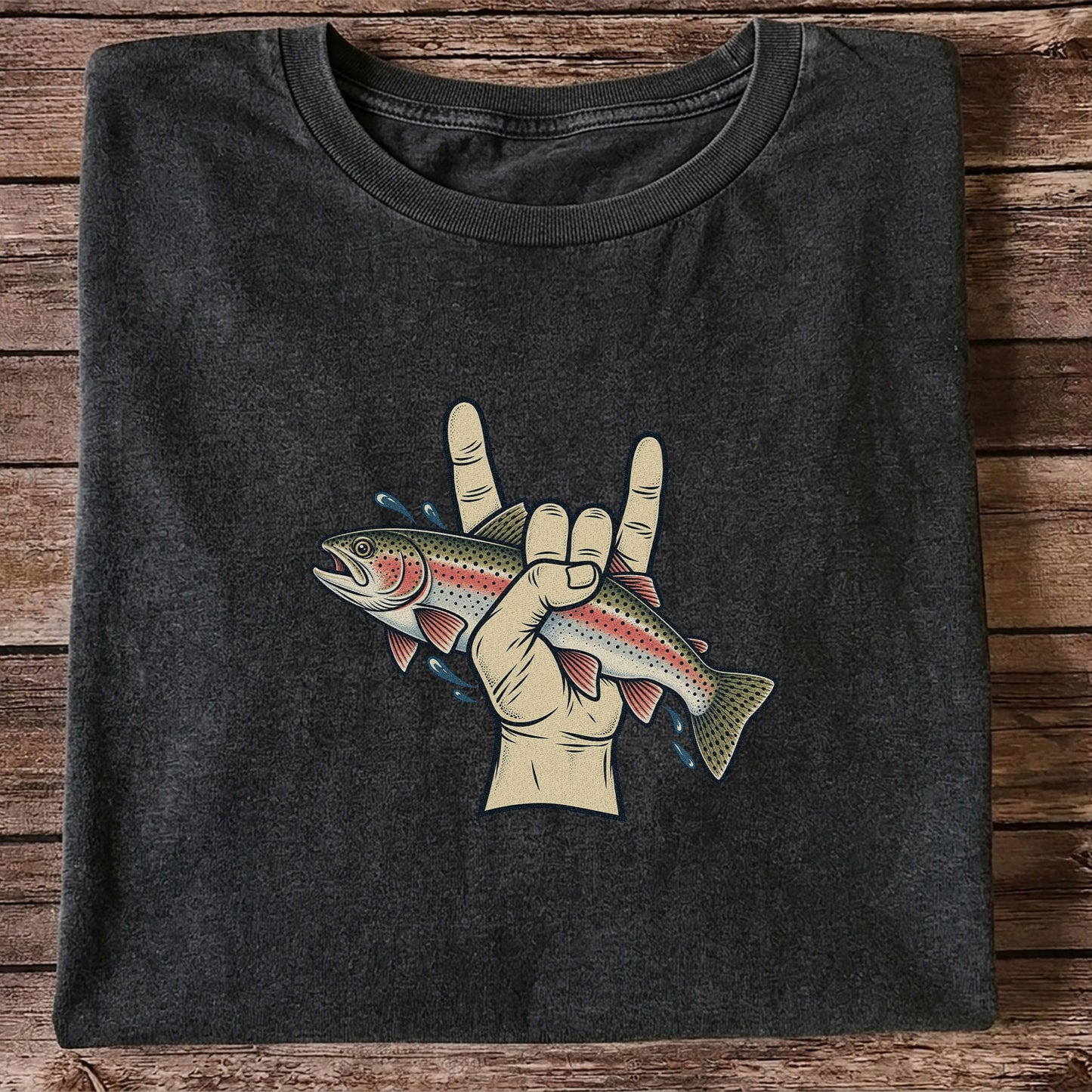 Rainbow Trout Rock On Hand Gesture Fishing Graphic T-Shirt