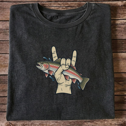 Rainbow Trout Rock On Hand Gesture Fishing Graphic T-Shirt