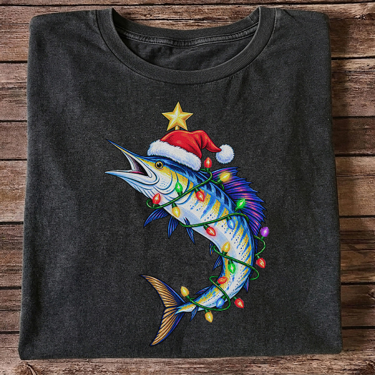 Christmas Marlin Wrapped in Lights Fishing T-Shirt