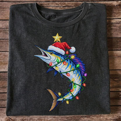 Christmas Marlin Wrapped in Lights Fishing T-Shirt