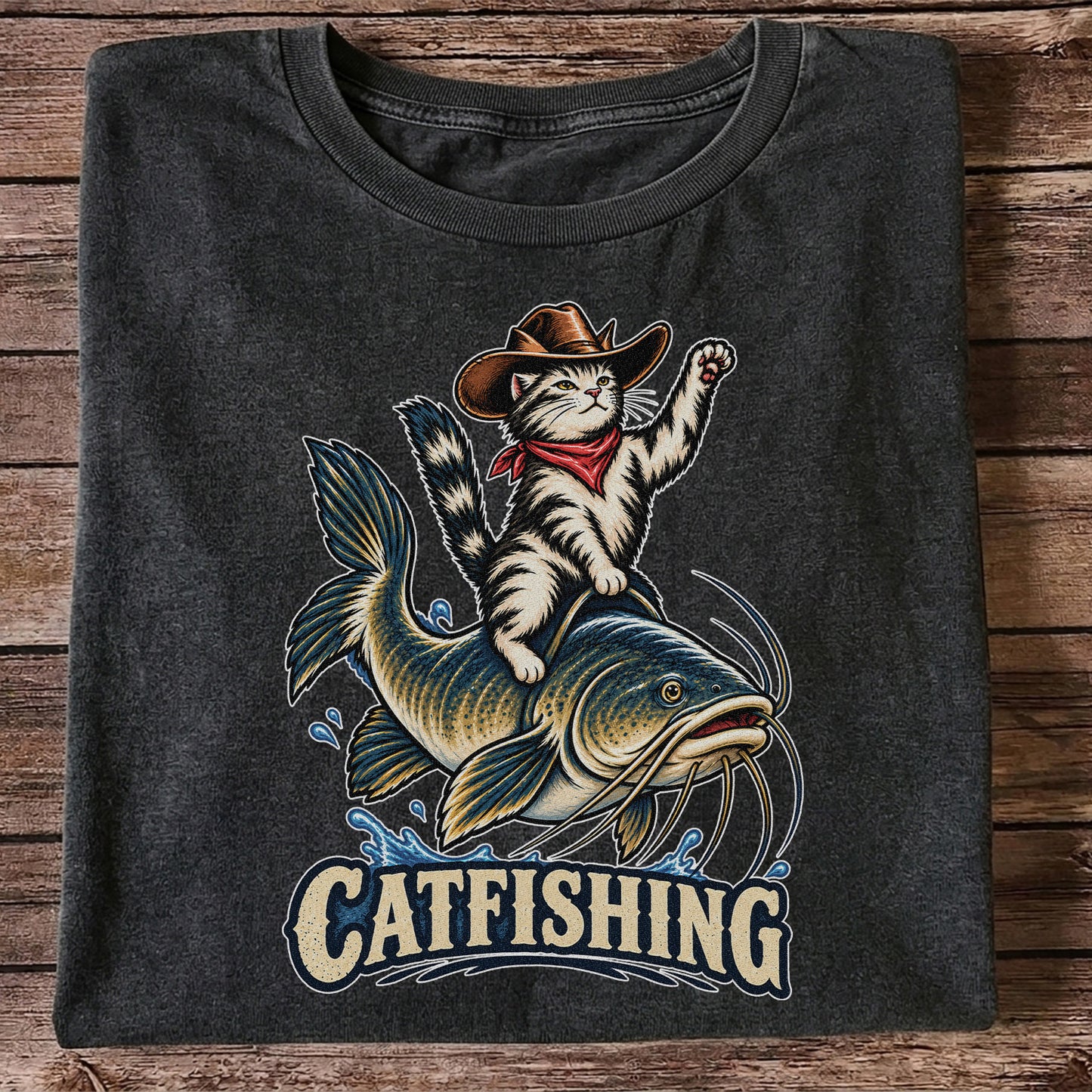 Catfishing Cowboy Cat Riding a Catfish Graphic T-Shirt