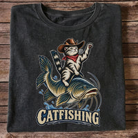 Catfishing Cowboy Cat Riding a Catfish Graphic T-Shirt