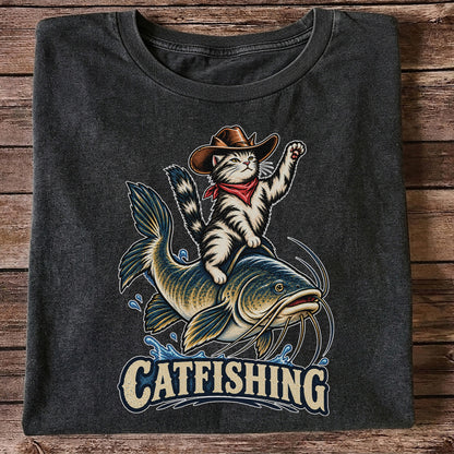 Catfishing Cowboy Cat Riding a Catfish Graphic T-Shirt