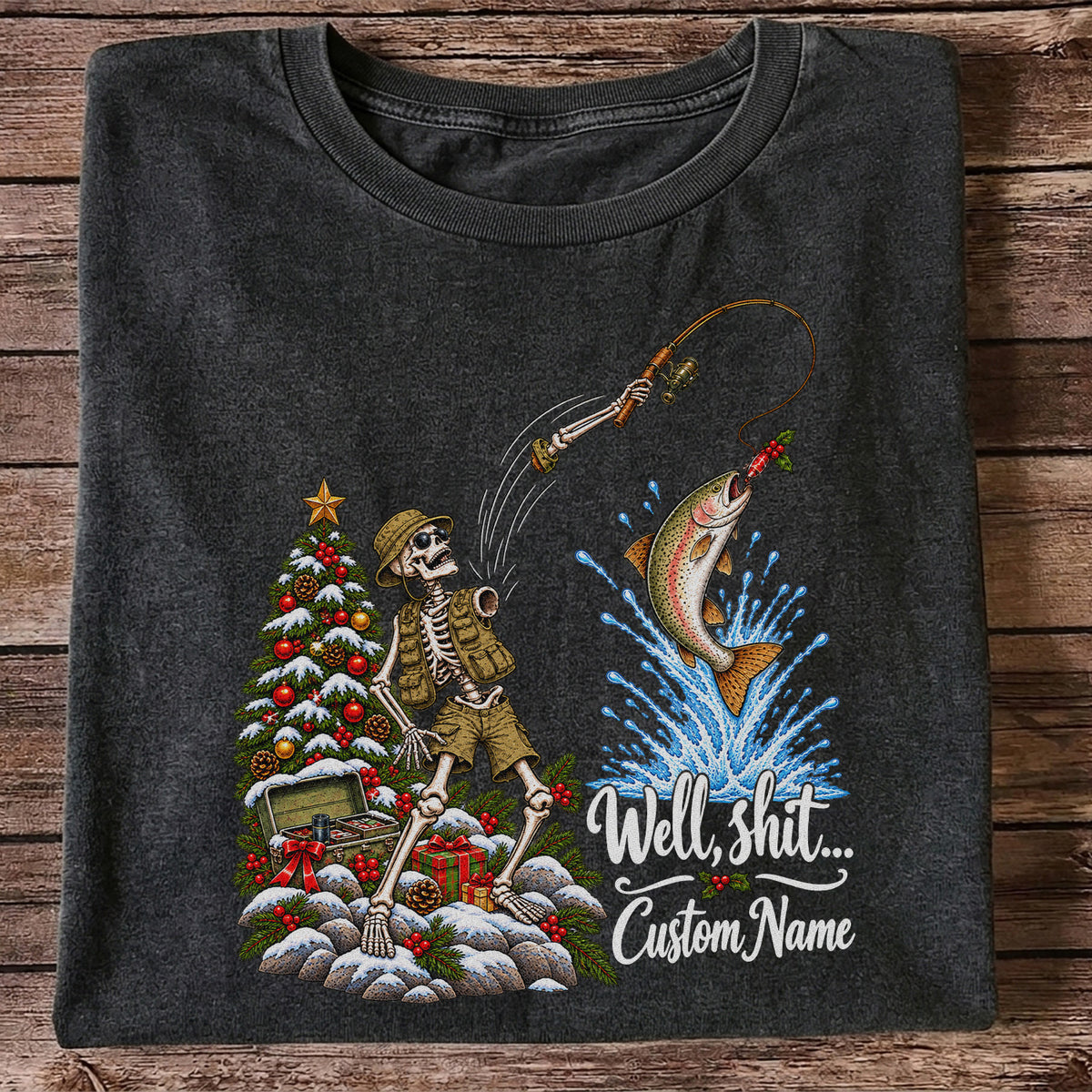 Skeleton Angler Christmas Fishing Personalized Graphic T-Shirt