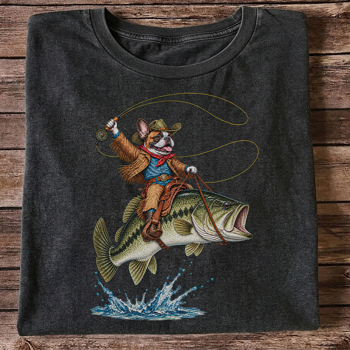 French Bulldog Cowboy Riding a Bass Fishing Graphic T-Shirt