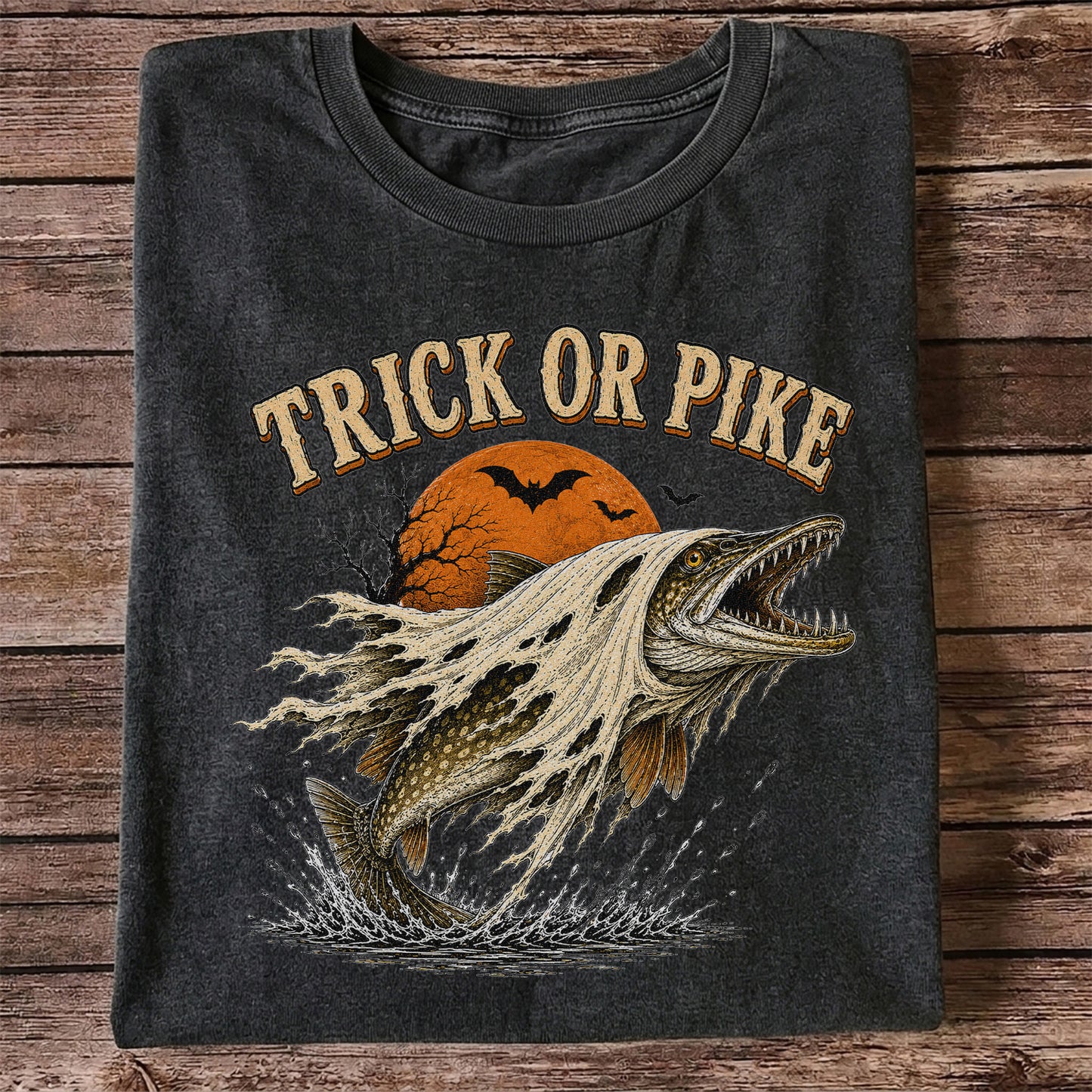 Trick or Pike Halloween Fishing T-Shirt, Vintage Trout Angler Tee