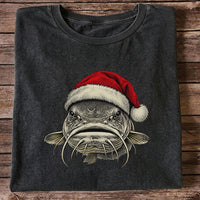 Christmas Catfish Santa Hat Holiday Fishing Graphic T-Shirt