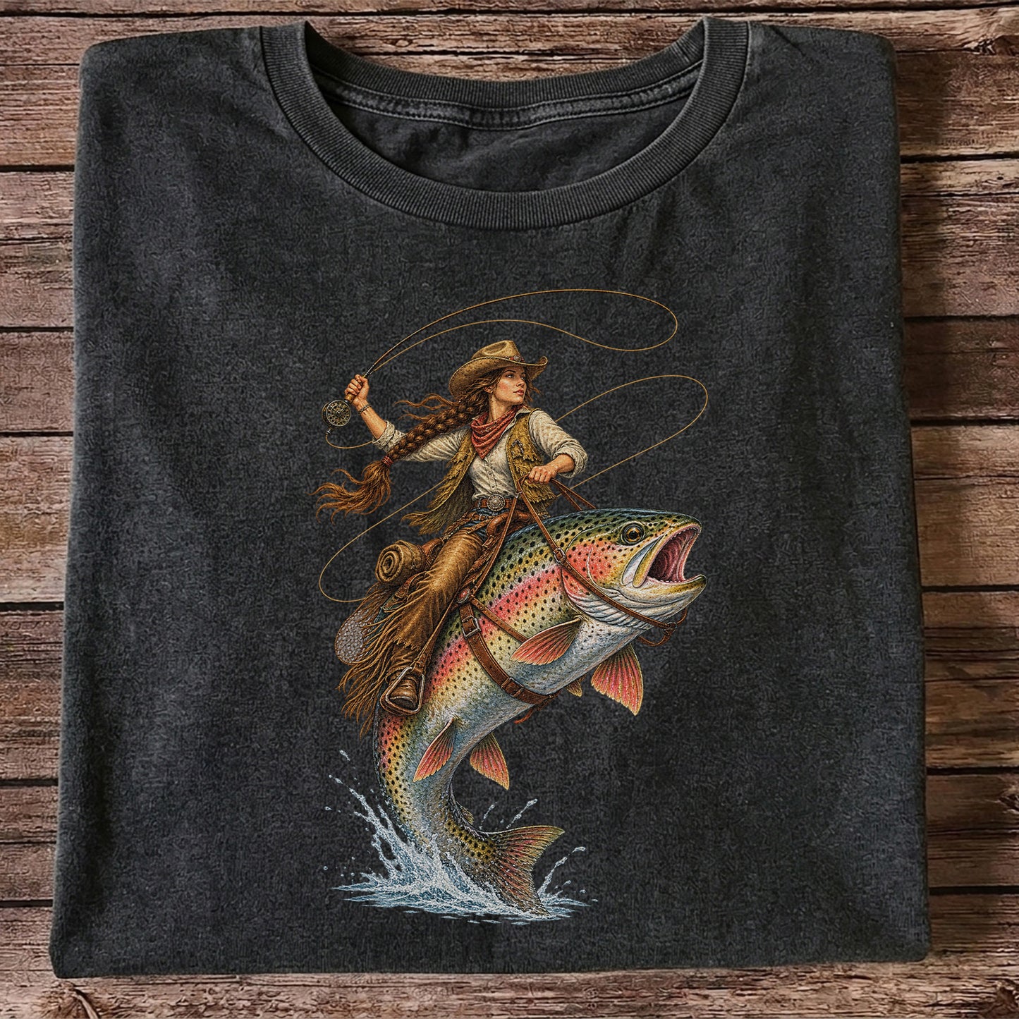 Western Cowgirl Riding a Rainbow Trout Fly Fishing Graphic T-Shirt