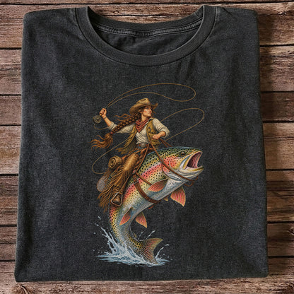 Western Cowgirl Riding a Rainbow Trout Fly Fishing Graphic T-Shirt