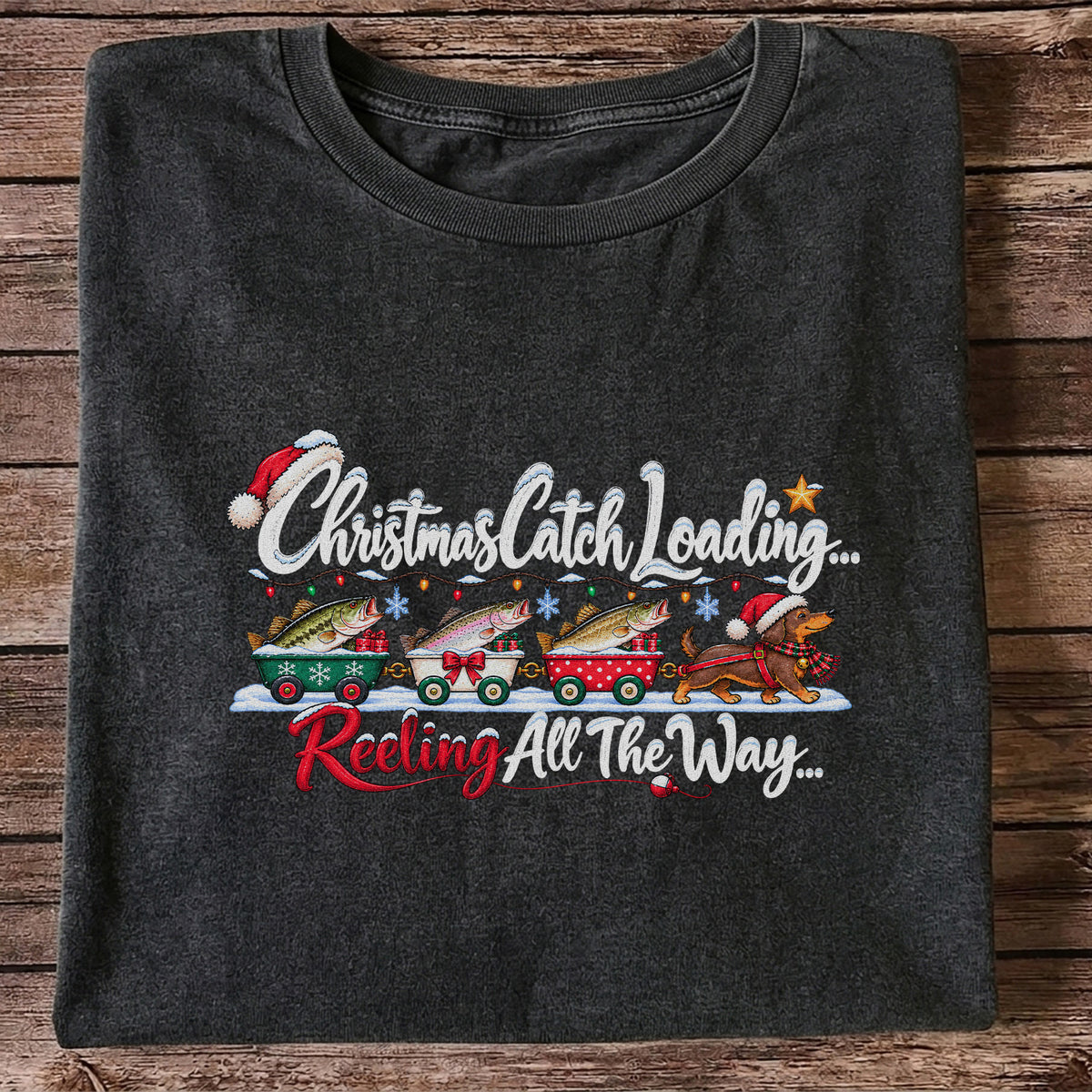 Christmas Fishing Train with Trout and Dog Graphic T-Shirt