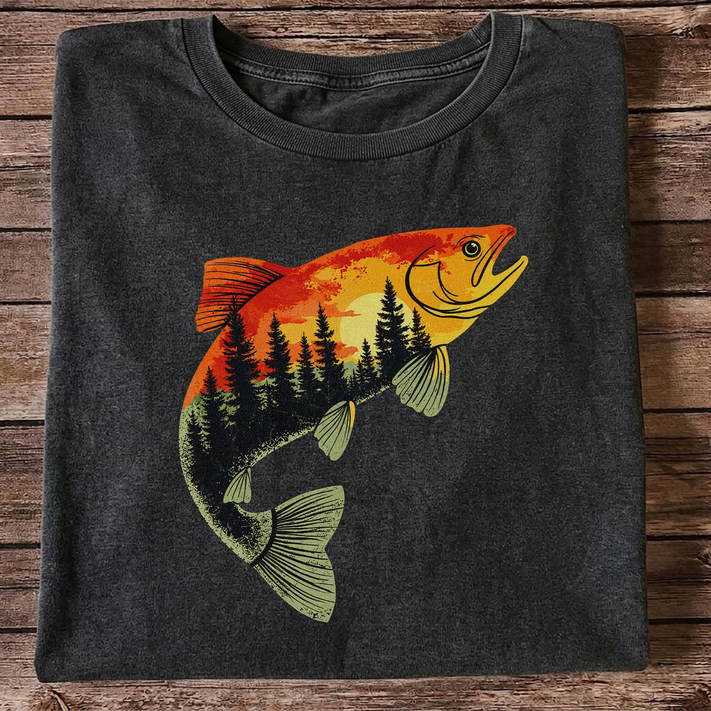 Sunset Forest Trout Fishing Graphic T-Shirt