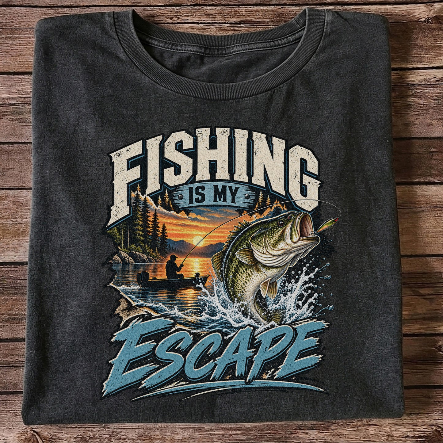 Fishing Is My Escape Jumping Bass and Sunset Lake Graphic T-Shirt