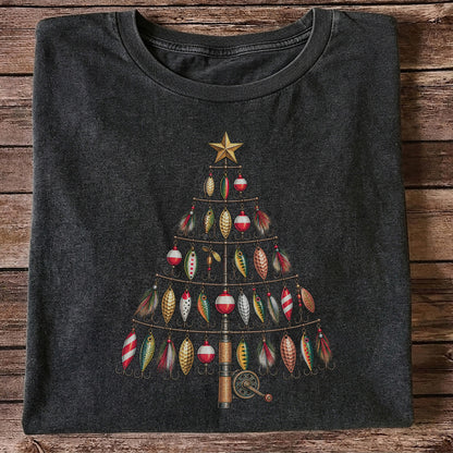 Fishing Lure Christmas Tree with Rod and Reel Graphic T-Shirt