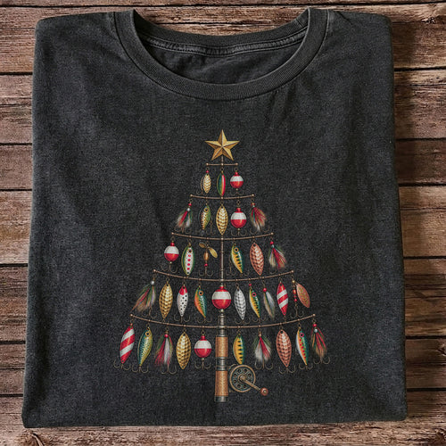 Fishing Lure Christmas Tree with Rod and Reel Graphic T-Shirt