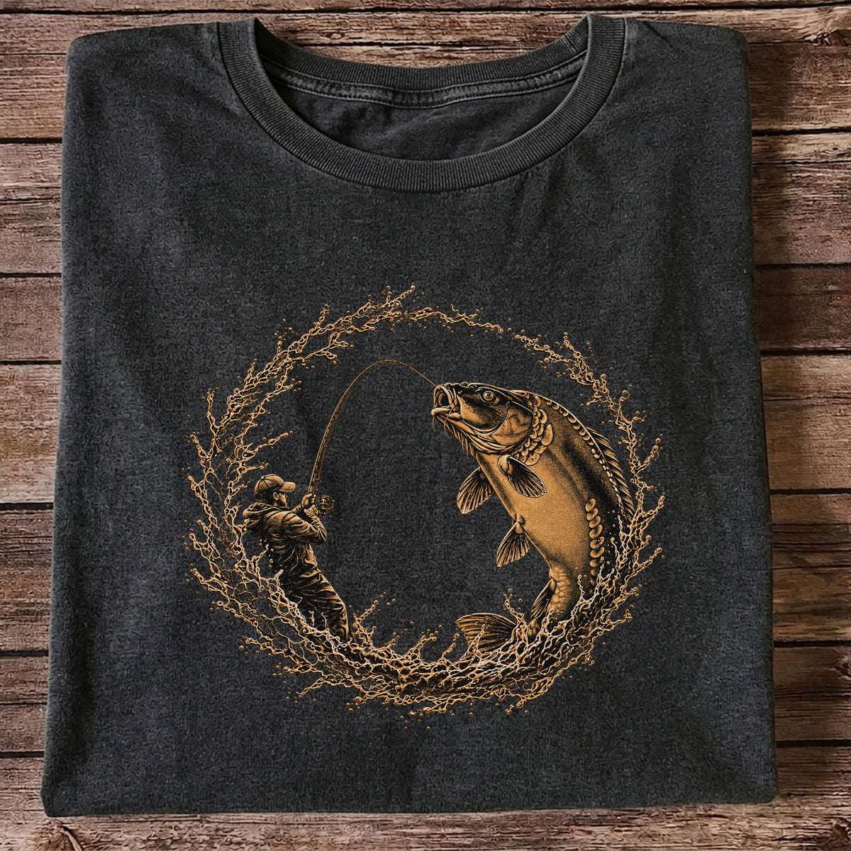 Carp Angler in Circular Water Splash Fishing Graphic T-Shirt