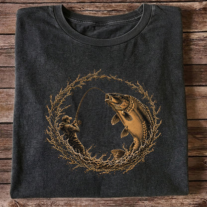 Carp Angler in Circular Water Splash Fishing Graphic T-Shirt
