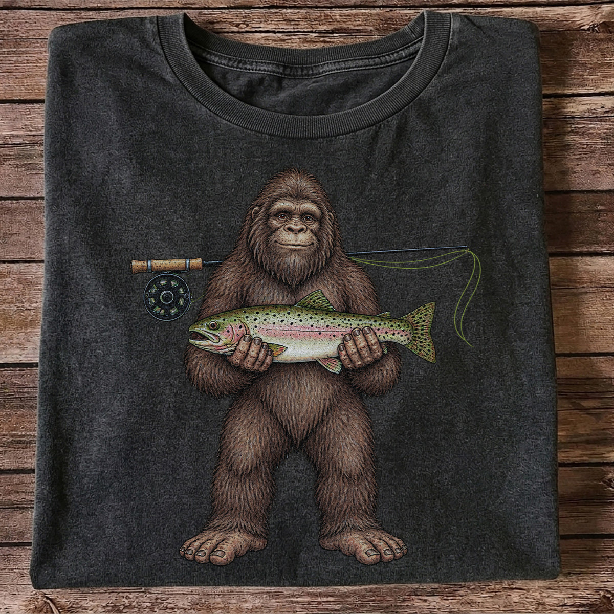 Bigfoot Holding Rainbow Trout Fly Fishing Graphic T-Shirt