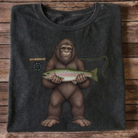 Bigfoot Holding Rainbow Trout Fly Fishing Graphic T-Shirt