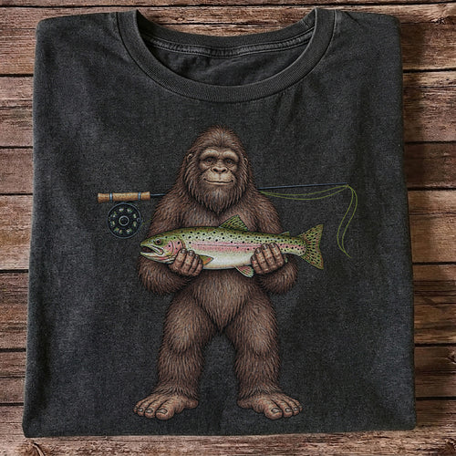 Bigfoot Holding Rainbow Trout Fly Fishing Graphic T-Shirt