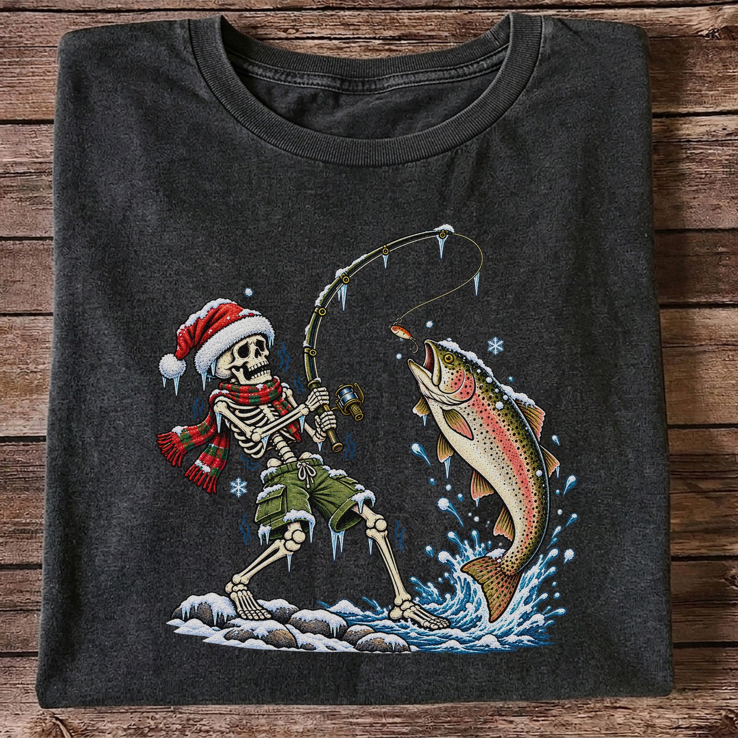 Christmas Skeleton Angler Catching a Rainbow Trout Fishing T-Shirt