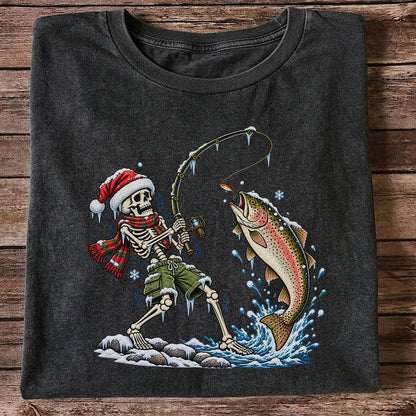 Christmas Skeleton Angler Catching a Rainbow Trout Fishing T-Shirt