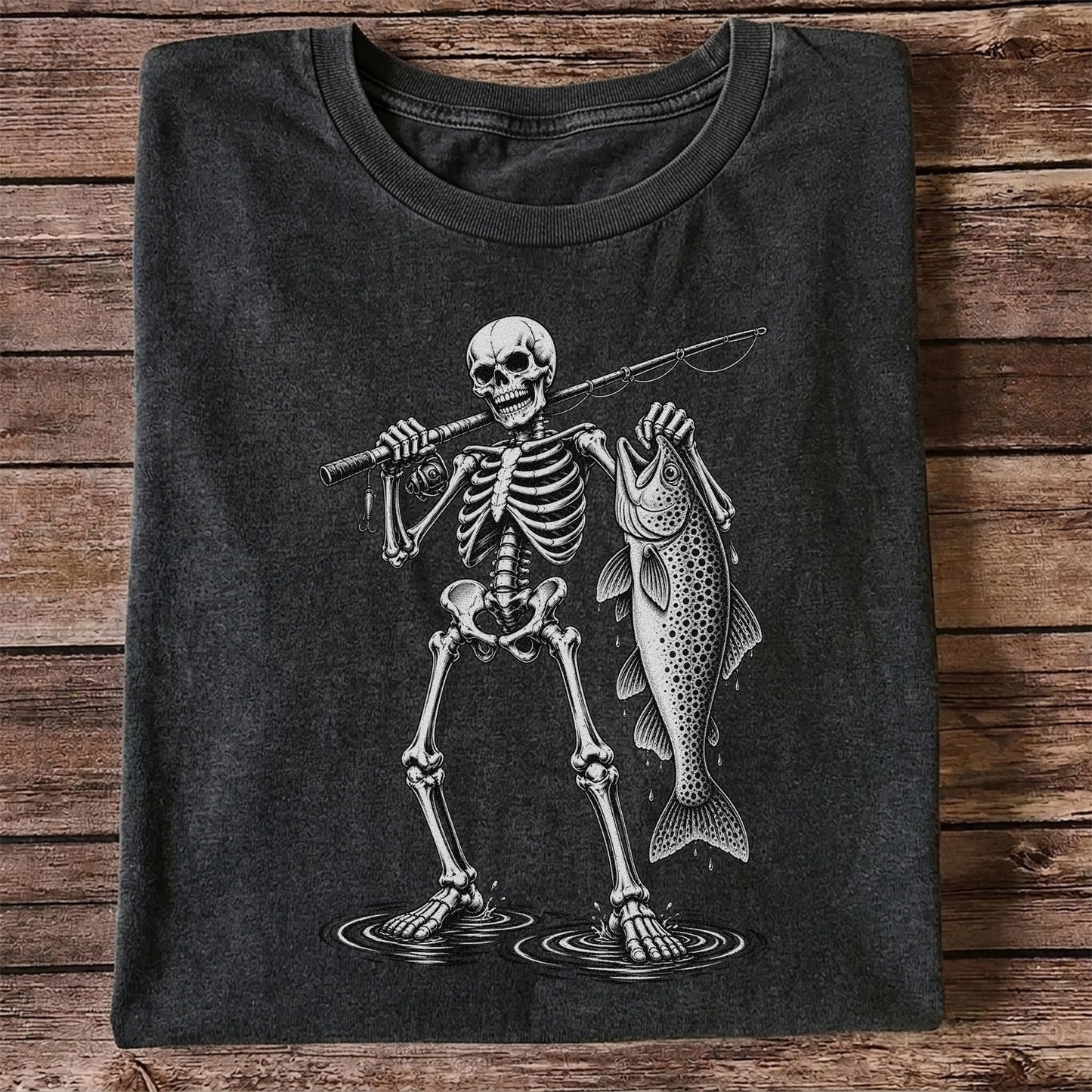 Skeleton Angler Holding a Trout Fishing Graphic T-Shirt