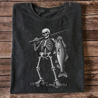 Skeleton Angler Holding a Trout Fishing Graphic T-Shirt