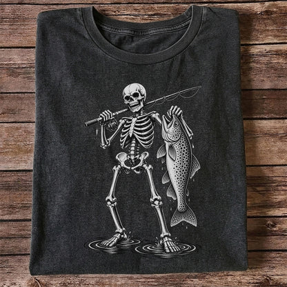 Skeleton Angler Holding a Trout Fishing Graphic T-Shirt