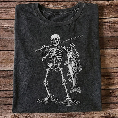 Skeleton Angler Holding a Trout Fishing Graphic T-Shirt