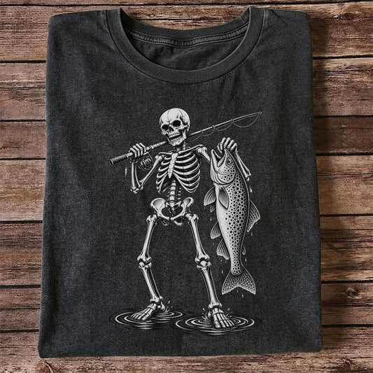 Skeleton Angler Holding a Trout Fishing Graphic T-Shirt