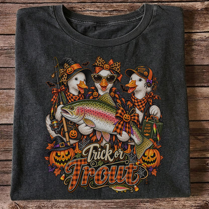 Trick or Trout Halloween Ducks with Rainbow Trout and Pumpkins Fishing T-Shirt