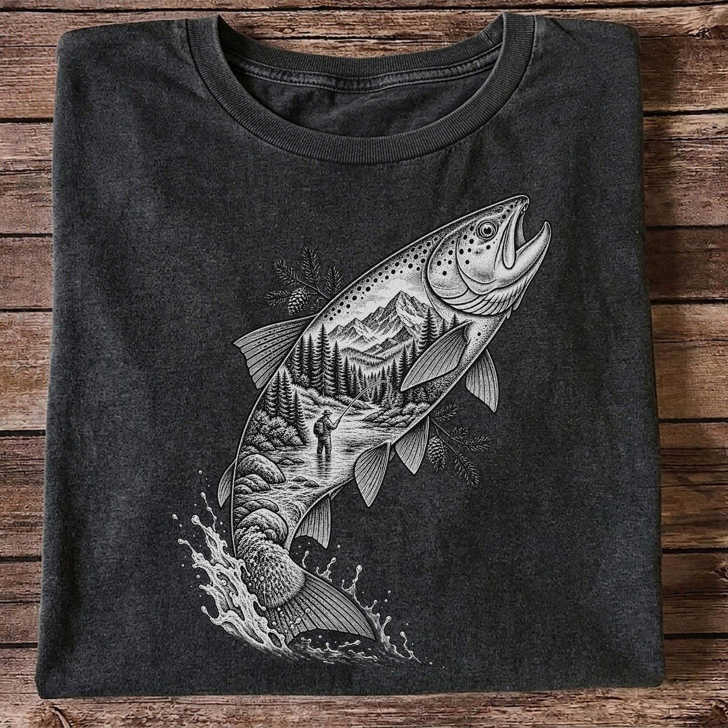 Leaping Trout with Mountain River and Angler Fishing Graphic T-Shirt