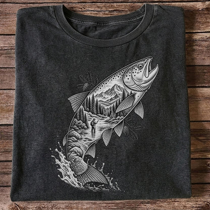 Leaping Trout with Mountain River and Angler Fishing Graphic T-Shirt