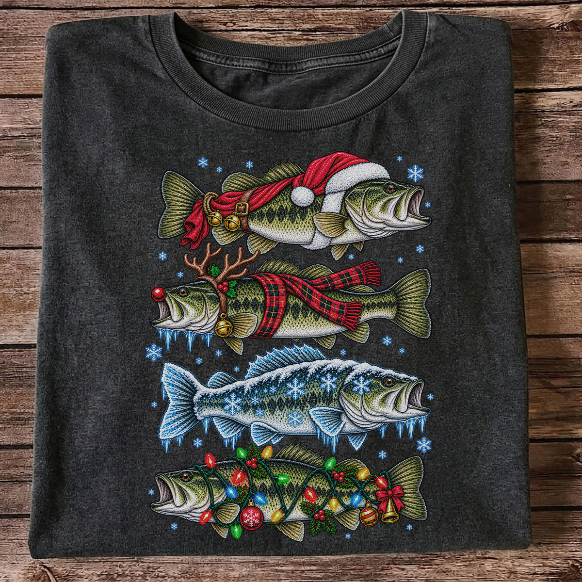 Christmas Bass with Santa Hat and Holiday Lights Fishing T-Shirt