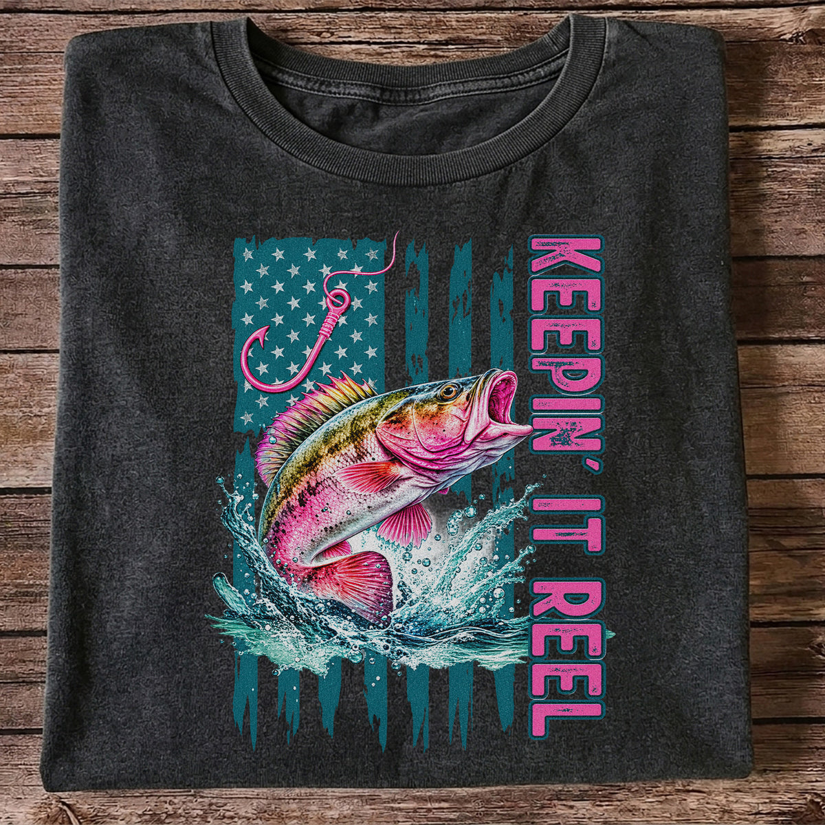 Keepin' It Reel Bass Fishing American Flag Graphic T-Shirt