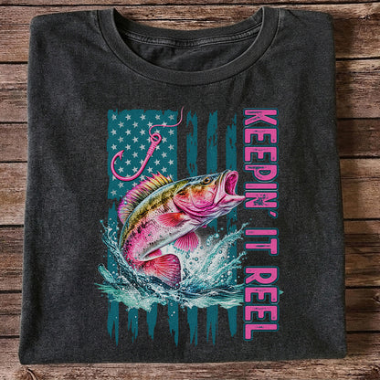 Keepin' It Reel Bass Fishing American Flag Graphic T-Shirt