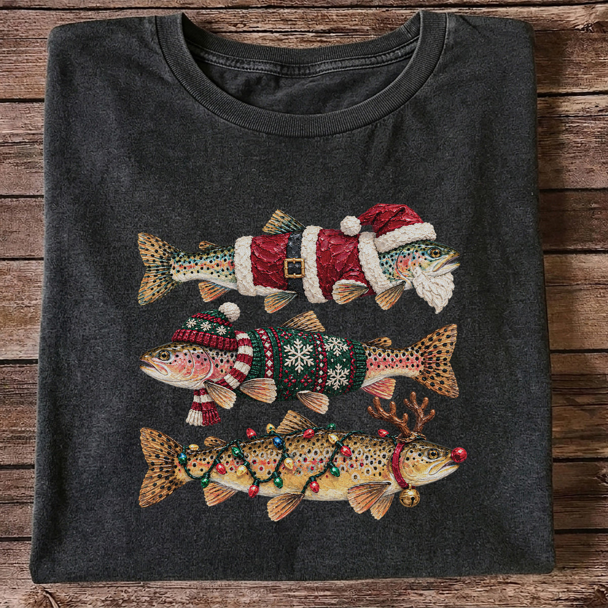 Christmas Trout Fishing Graphic T-Shirt with Festive Fish Artwork