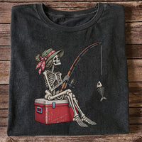 Skeleton Woman Fishing on a Cooler with Fish Bones Graphic T-Shirt
