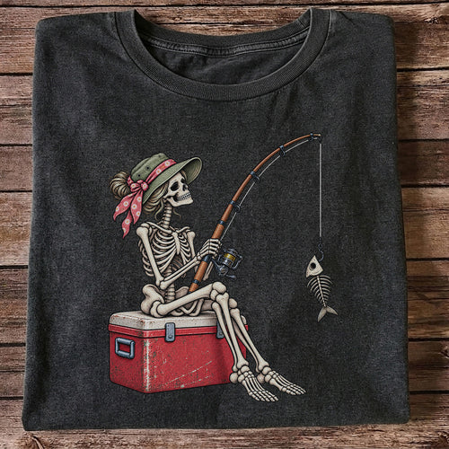 Skeleton Woman Fishing on a Cooler with Fish Bones Graphic T-Shirt