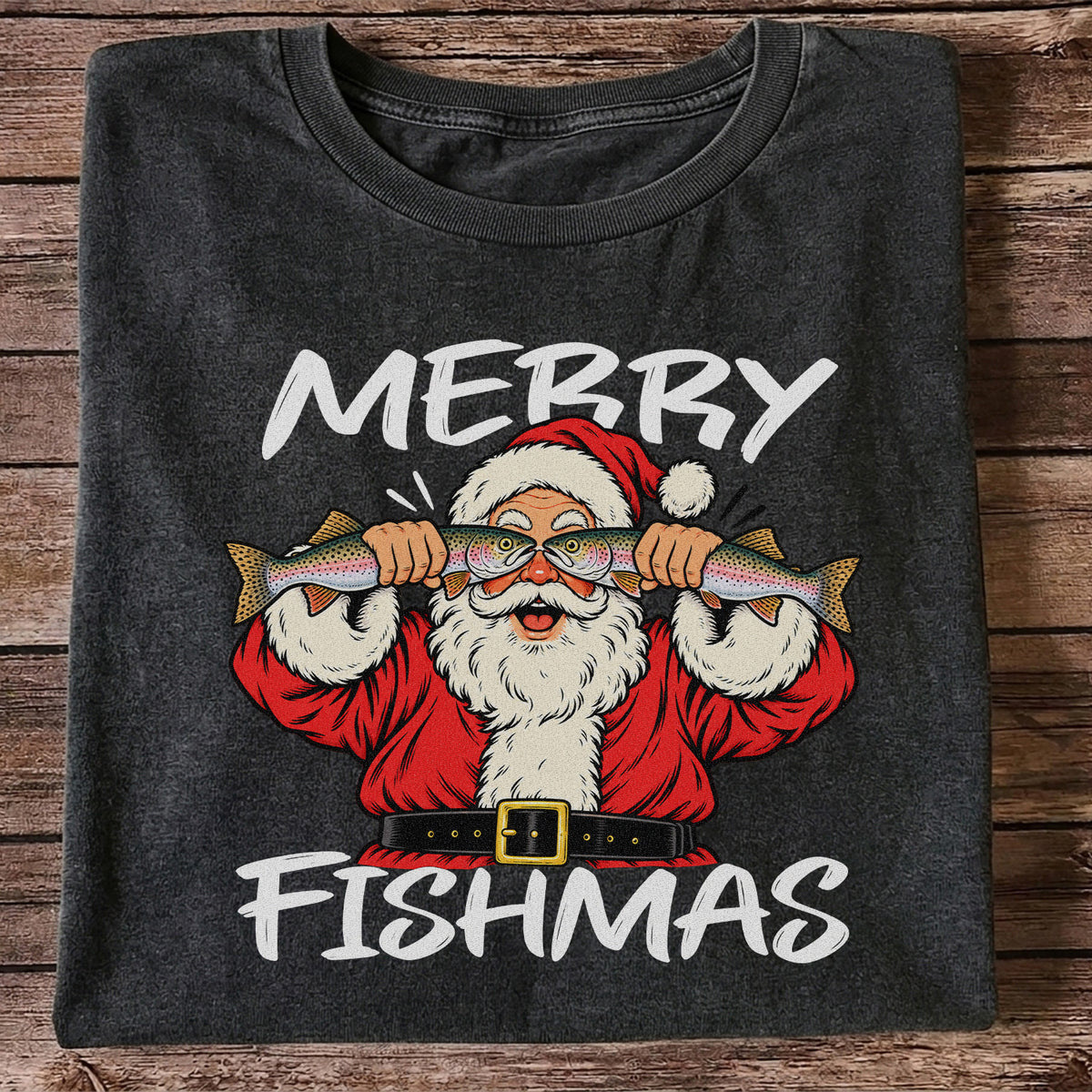Merry Fishmas Santa Holding Rainbow Trout Christmas Fishing T-Shirt