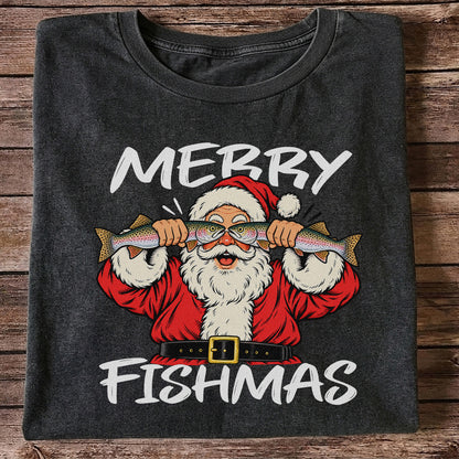 Merry Fishmas Santa Holding Rainbow Trout Christmas Fishing T-Shirt