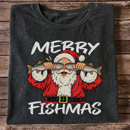 Merry Fishmas Santa Holding Rainbow Trout Christmas Fishing T-Shirt