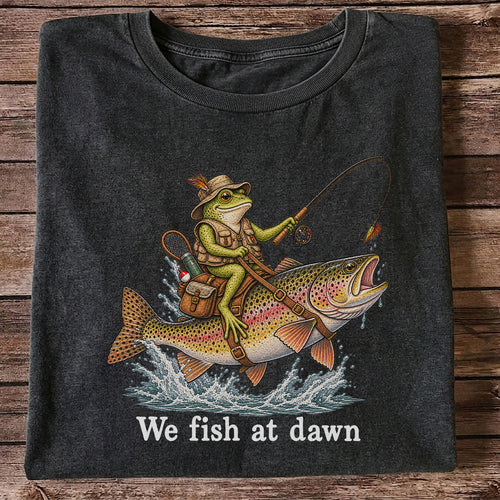 We Fish at Dawn Frog Riding a Rainbow Trout Funny Fishing T-Shirt