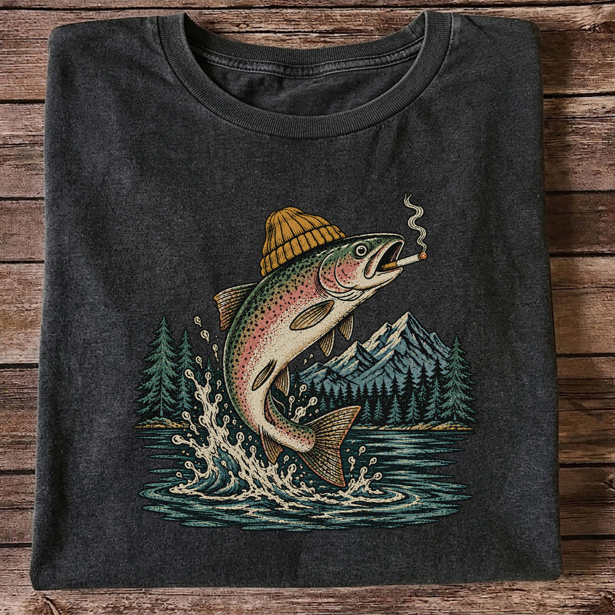 Rainbow Trout in Beanie Smoking and Jumping from Lake Graphic T-Shirt