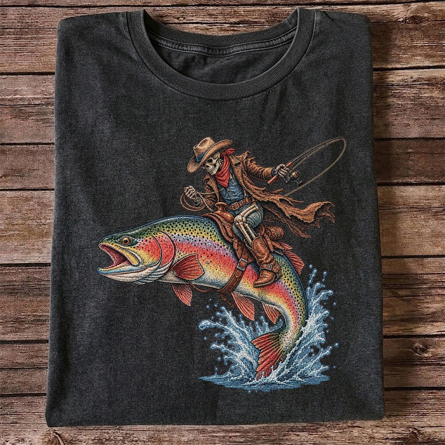 Skeleton Cowboy Riding a Rainbow Trout Fishing Graphic T-Shirt