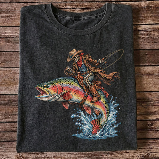 Skeleton Cowboy Riding a Rainbow Trout Fishing Graphic T-Shirt