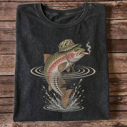 Cigar Smoking Trout in Fishing Hat Graphic T-Shirt